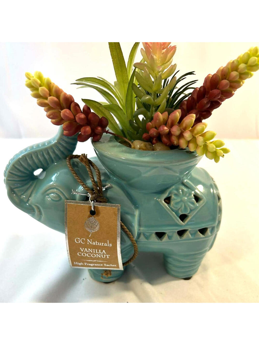 Elephant Ceramic Planter with Faux Succulents GC Naturals Vanilla Coconut